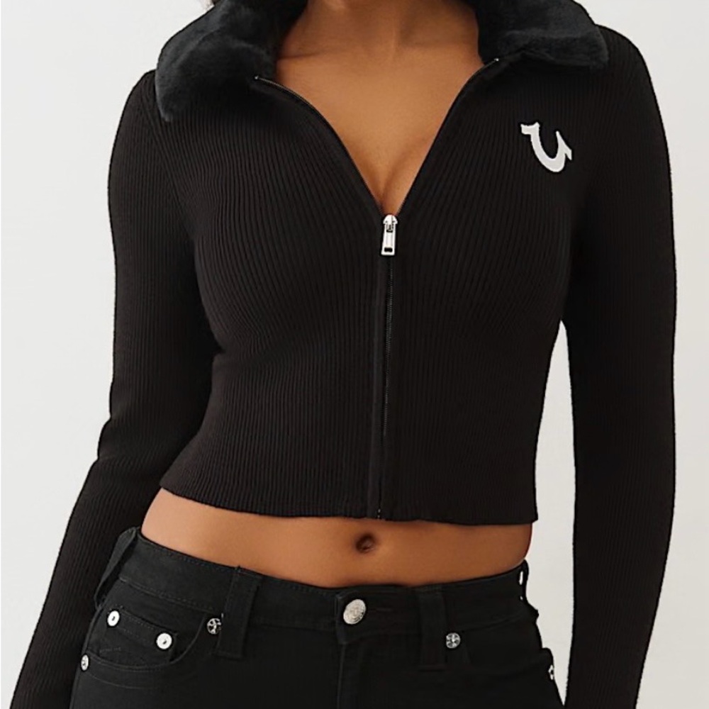 NWT True Religion Black Ribbed Zip-Up Top Size Medium